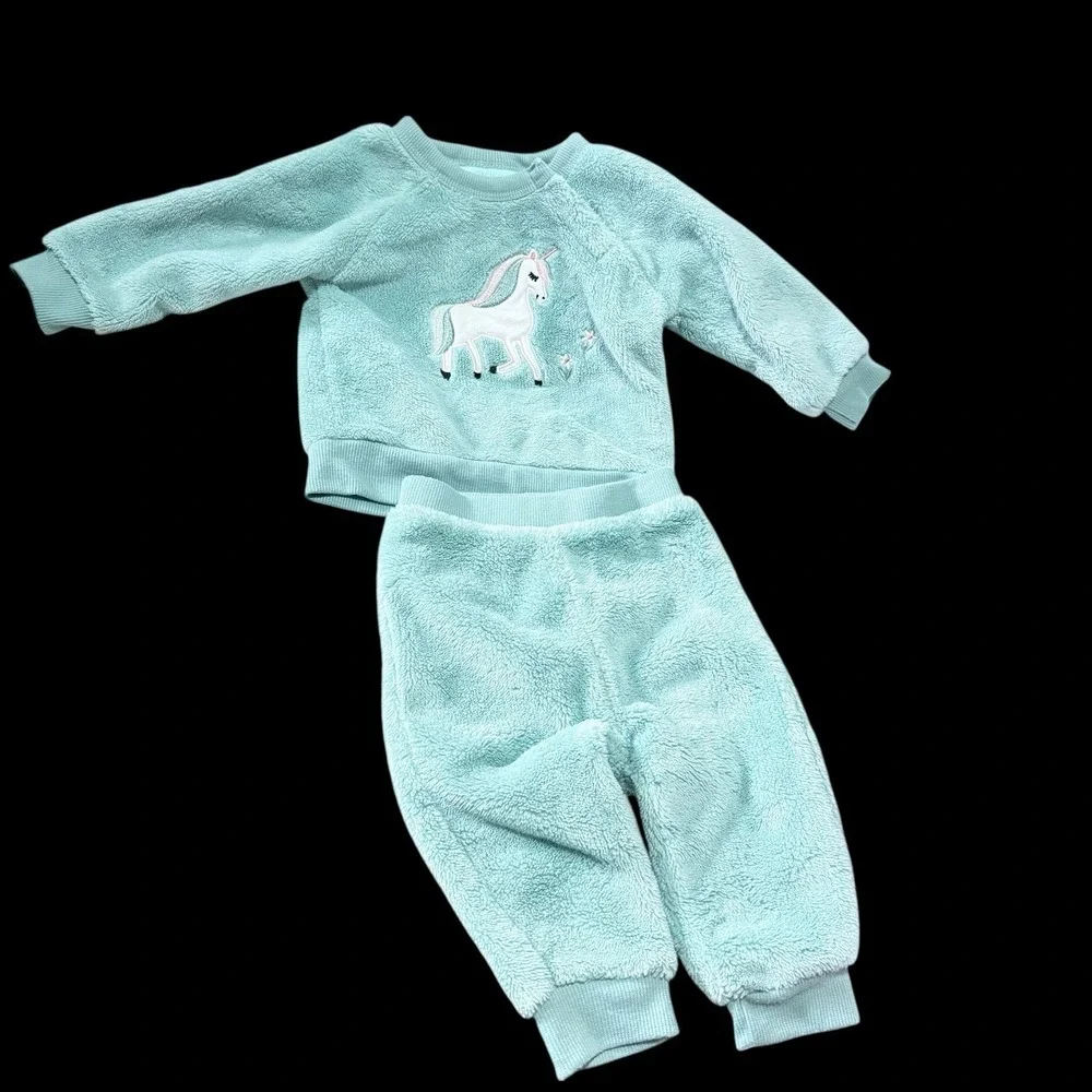 Infant Girl 6 Mo Pekkle Fleece Jogger/sweatsuit Lot Unicorn‎ & Flowers Preowned